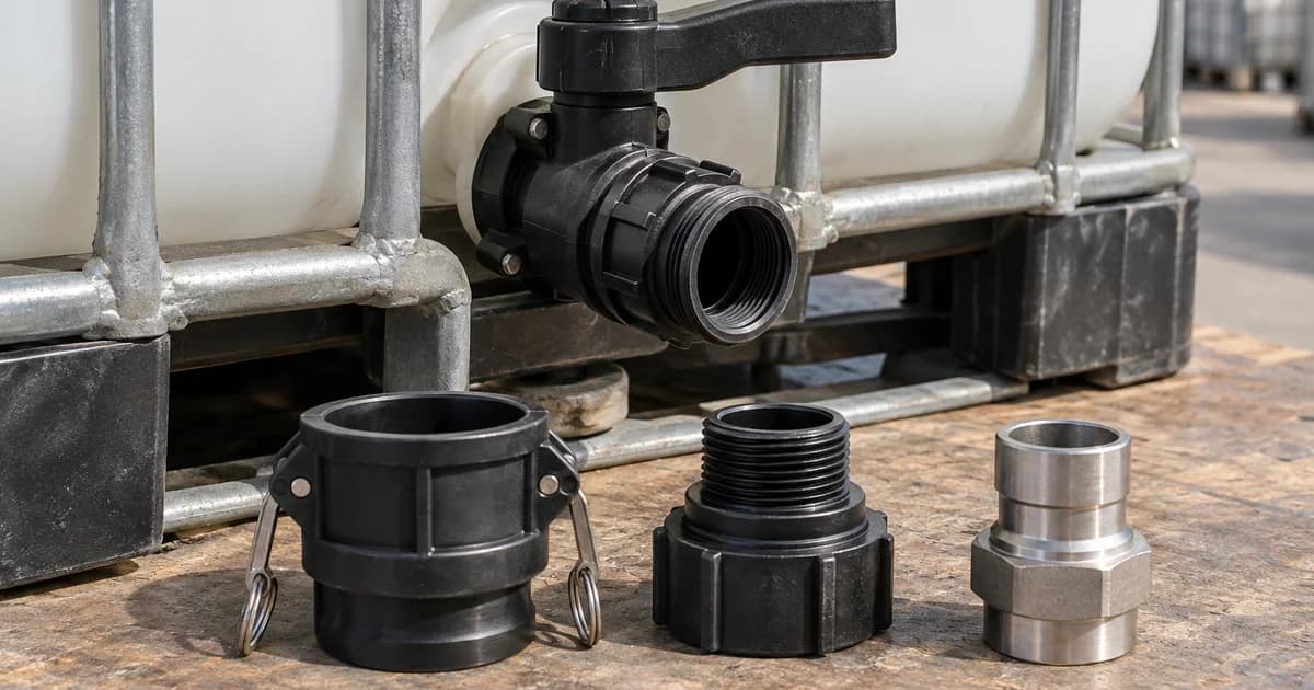 An IBC tote outlet valve beside several different fitting adapters.